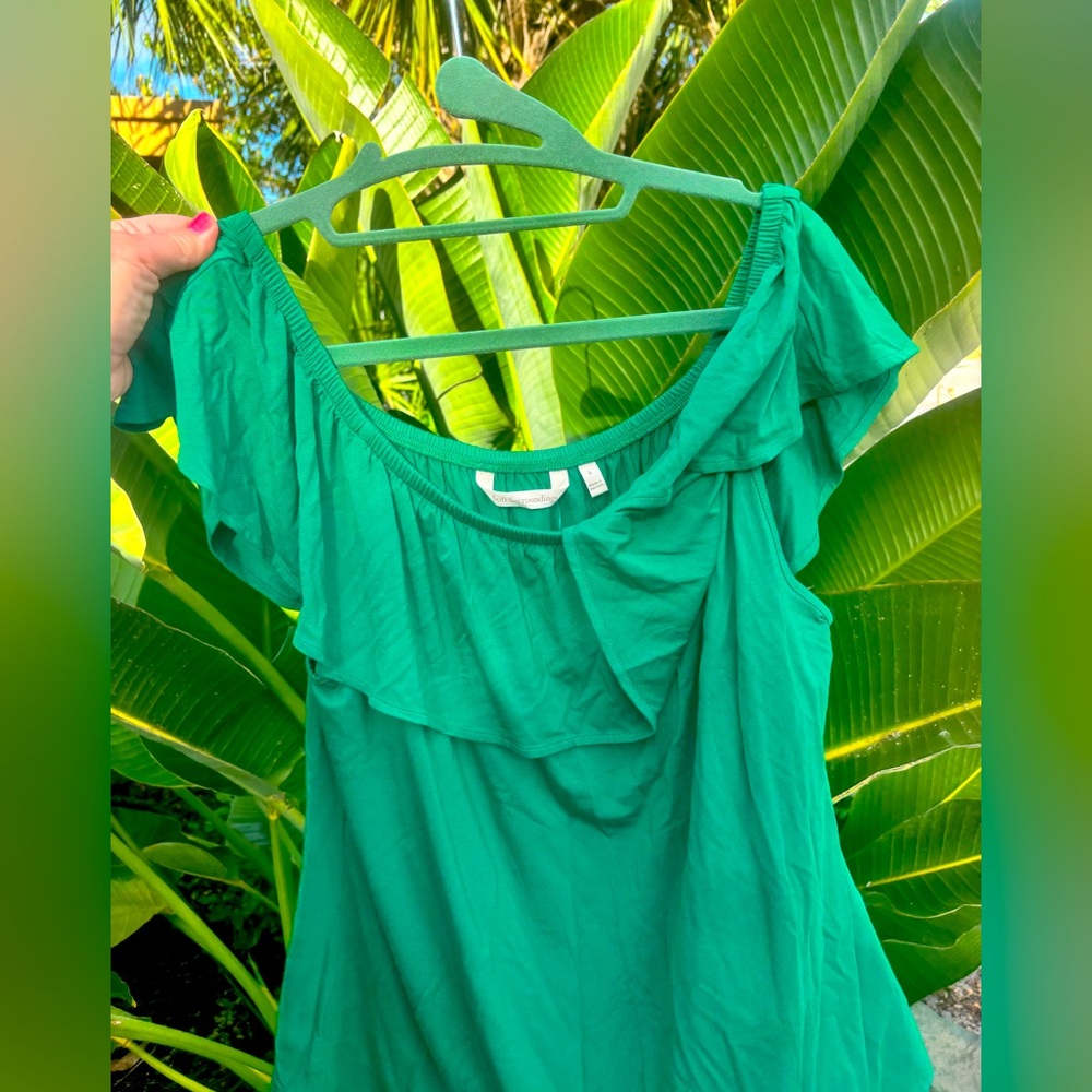 Soft Surroundings Green Ruffle off shoulder Blouse NWT
